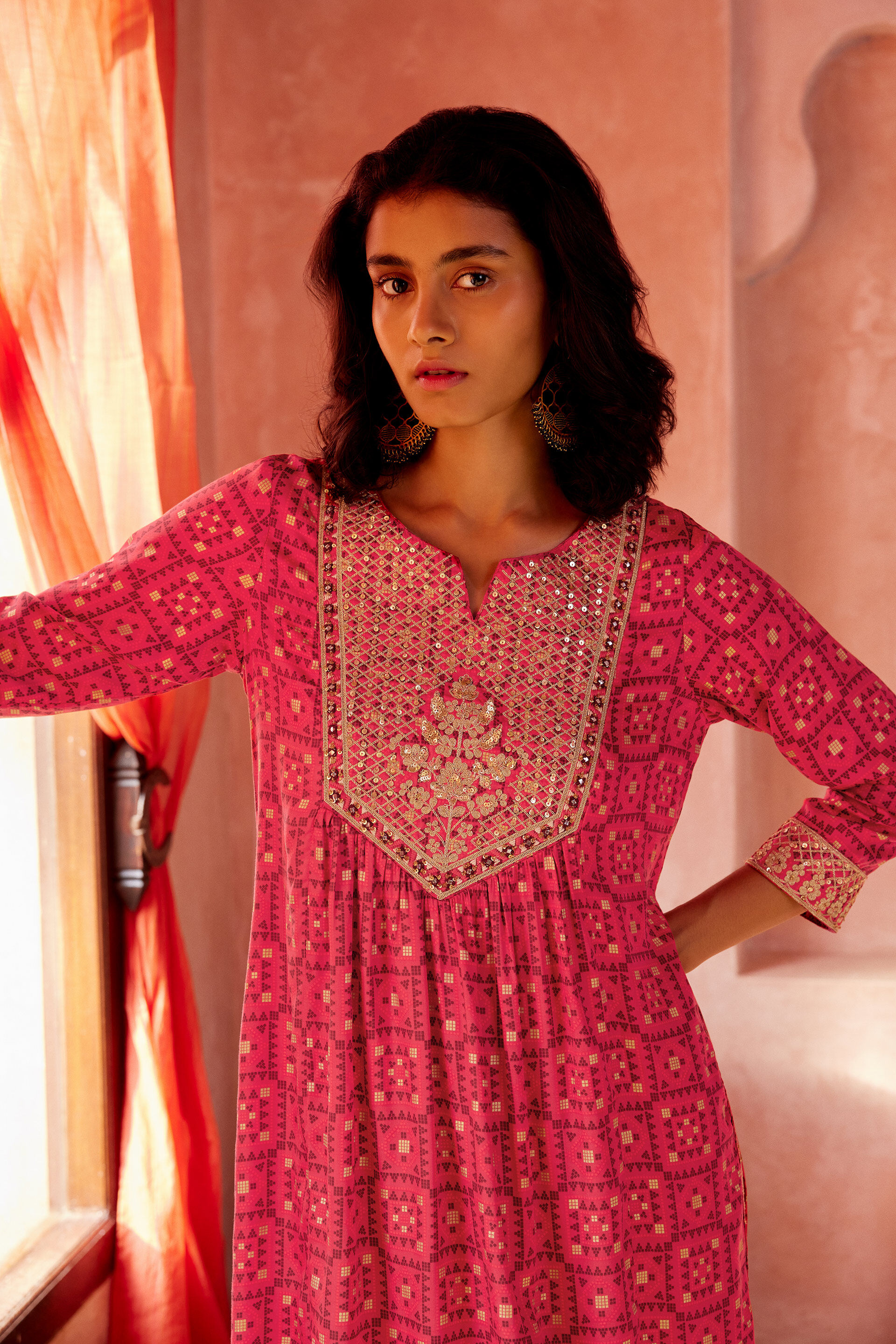 Red India-Inspired Print Viscose Kurta Set, Red, image 2